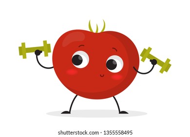 Smiling tomato character doing sport exercise with dumbbell. Funny vegetable in the gym. Fitness, workout and healthy lifestyle. Vector illustration in cartoon style