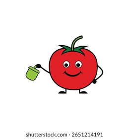 Smiling tomato character holding watering can fun veggie Vector illustration