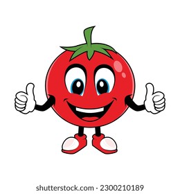 Lächelnd Tomate Frucht Cartoon Maskottchen Giving Thumbs Up. Vektorgrafik von rotem Tomatenzeichen mit verschiedenen süßen Ausdrücken