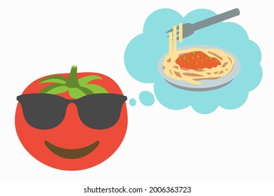 smiling tomato with sunglasses and thought bubble with spaghetti  pasta icon on white background,emoji vector illustration