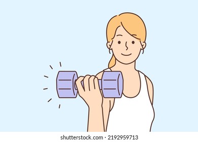 Smiling toned woman with dumbbell do sports. Happy female training exercising for better physical shape. Workout and fitness. Vector illustration. 