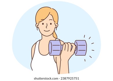 Smiling toned woman with dumbbell do sports. Happy female training exercising for better physical shape. Workout and fitness. Vector illustration.