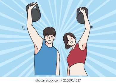 Smiling toned young people in sportswear lift dumbbell do sports train together for good body shape. Smiling man and woman athletes exercise workout in gym. Physical activity. Vector illustration. 