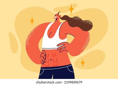 Smiling toned young woman in sportswear showing abs do sport. Happy sportive fit girl demonstrate good figure after workout or training. Vector illustration. 