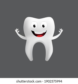 Smiling tooth with arms. Cute character with facial expression. Funny icon for children's design. 3d realistic vector illustration of a dental ceramic model isolated on a grey background