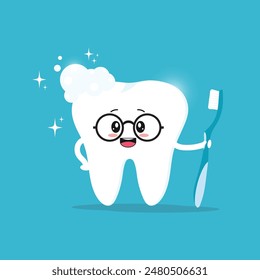 Smiling tooth badge. Cute character clean healthy tooth with a toothbrush. Illustration of children's dentistry. Oral hygiene, brushing teeth.