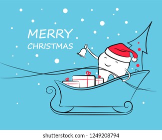 A smiling tooth with a bell in his hand and a Santa Claus hat rushing on a sleigh with gifts and a Christmas tree. Holiday greeting design element. Happy New Year and Merry Christmas.