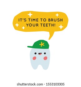 Smiling tooth boy. Colorful vector illustration. It's time to brush your teeth phrase. Picture about the importance of dental hygiene.
