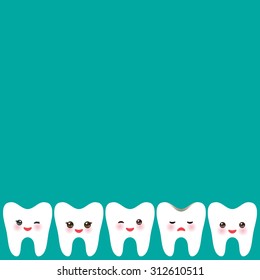 Smiling tooth card design, template for text, blue background. Vector