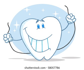 Smiling Tooth Cartoon Character With Floss