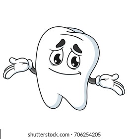 Smiling tooth cartoon character shrugging and showing I don't know gesture