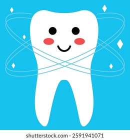 Smiling Tooth Cartoon with Orbiting Lines and Bright Blue Background. Illustration of a cheerful white tooth character with a beaming smile and red cheeks, surrounded by orbiting lines symbolizing 