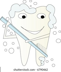 a smiling tooth covered in foam, cleaning itself with a toothbrush
