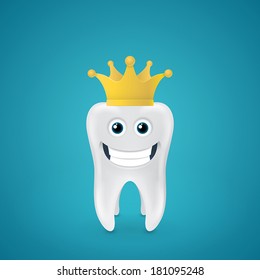 Smiling tooth with crown on blue background
