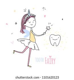 Smiling tooth fairy. Cute little happy fairy girl with tooth. Hand drawn vector cartoon doodle illustration