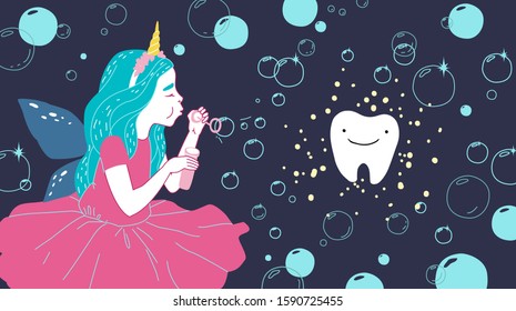 Smiling tooth fairy. Cute little happy fairy girl with tooth. Hand drawn vector cartoon doodle illustration