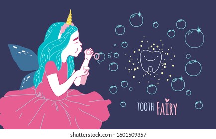 Smiling tooth fairy. Cute little happy fairy girl with tooth. Hand drawn vector cartoon doodle illustration