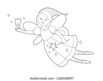 Smiling tooth fairy with magic wand  and  tooth. Contour linear illustration. Coloring page for kids. Vector  illustration