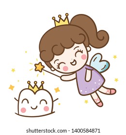 Smiling tooth fairy vector, Cute little happy fairytale girl with tooth. Kawaii Character. Hand drawn vector cartoon doodle illustration -Perfect for logo children's dentistry thin line art icons