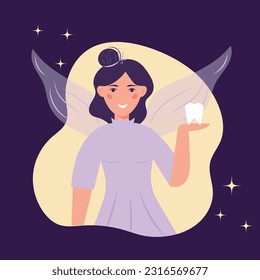 Smiling tooth fairy with wings and a tooth in her hands. Flat vector illustration.