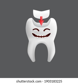 Smiling tooth with a filling. Cute character with facial expression. Funny icon for children's design. 3d realistic vector illustration of a dental ceramic model isolated on a grey background