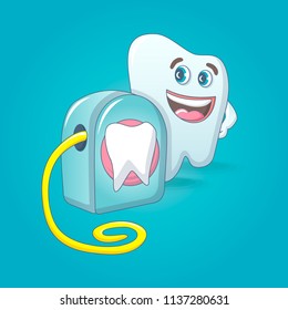 Smiling tooth with floss box concept background. Cartoon illustration of smiling tooth with floss box vector concept background for web design