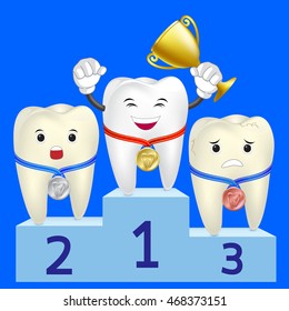 Smiling Tooth with gold medal and holding trophy, standing on podium. Isolated on blue background.