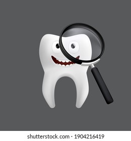 Smiling tooth with a magnifying glass. Cute character with facial expression. Funny icon for children's design. 3d realistic vector illustration of a dental ceramic model isolated on a grey background