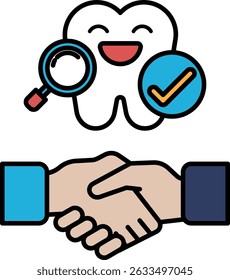 A smiling tooth with a magnifying glass on it. The tooth is surrounded by a blue circle with a check mark inside. Concept of trust and friendship between the two people