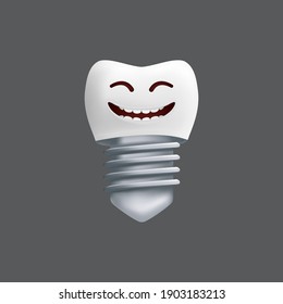 Smiling tooth with a metal implant. Cute character with facial expression. Funny icon for children's design. 3d realistic vector illustration of a dental ceramic model isolated on a grey background