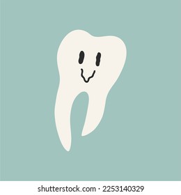 Smiling tooth on a blue background, hand drawn cartoon. Dental care. Oral health.