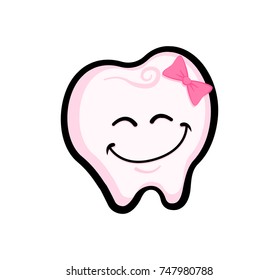 Smiling tooth with a pink bow.