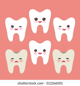 Smiling tooth with pink cheeks. dirty ill and joy healthy teeth. For children illustrations, medecine care, images etc. in pink background. Vector