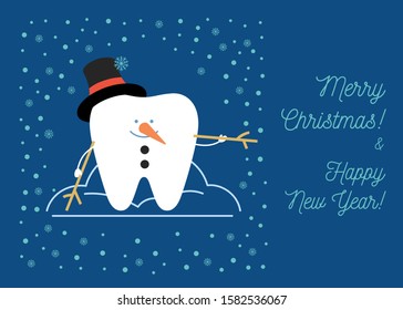 Smiling Tooth is pretending a snowman wearing a magic cylinder hat, the illustration of winter fun. Christmas greeting card from a dentist to his clients.