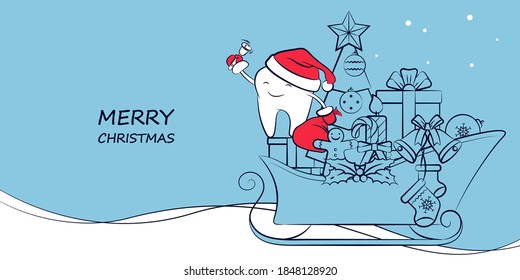 A smiling tooth in a Santa Claus hat and sled with Christmas symbols, gifts, and a Christmas tree. Illustration of New Year and Christmas greeting for dentistry. Winter holidays. Dental festive poster