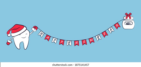 A smiling tooth in a Santa Claus hat, dental floss, and a garland with the text "Happy New Year". Christmas greeting for dentistry. Winter holidays. Design element for a dental festive poster.