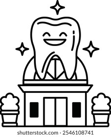 A smiling tooth is sitting on top of a building