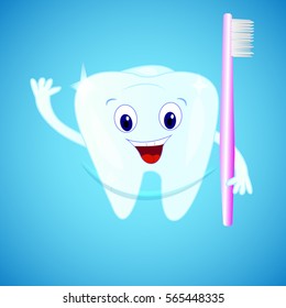 Smiling tooth with a toothbrush on blue background. Cartoon personage

