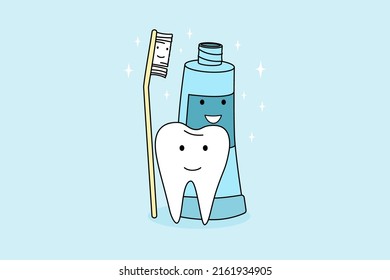 Smiling tooth, toothbrush and toothpaste feeling positive recommend good oral care. Concept of dental treatment and healthcare. Dentistry recommendation. Vector illustration. 