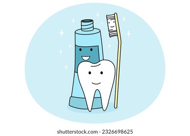 Los dientes sonrientes, el cepillo de dientes y la pasta dentífrica que se sienten positivos recomiendan un buen cuidado oral. Concepto de tratamiento dental y atención de la salud. Recomendación de la ciencia dental. Ilustración vectorial.