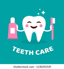 Smiling tooth with toothbrush and toothpaste. Teeth care concept. Cute tooth with happy emoji. Teeth character in flat cartoon style isolated on blue background. Teeth with shining effect. Brushing