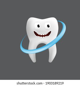 Smiling tooth with a whitening wave. Cute character with facial expression. Funny icon for children's design. 3d realistic vector illustration of a dental ceramic model isolated on a grey background