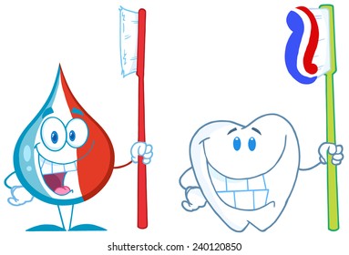 Smiling Toothpaste And Tooth With Toothbrush Cartoon Character. Vector Collection Set