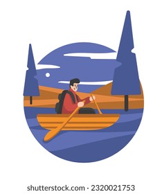 Smiling tourist guy with backpack floats down river in mountains in forest at night. Character doing camping during their vacation. Visiting sightseeing. Vector