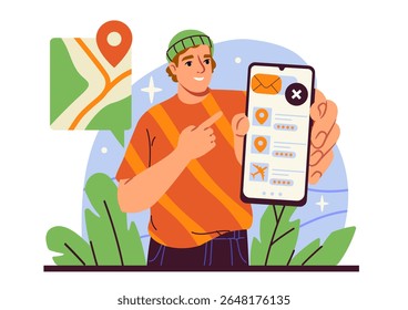 Smiling tourist pointing at a smartphone showing travel app with location pins and ratings, in cartoon style, with abstract map and nature background. Vector illustration