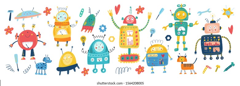 Smiling toy robots in cartoon flat style. Isolated hand drawn vector robot, tools, UFO, star, heart, flower, light bulb, tools. Kids background. Character for boys. Children transformer, android.