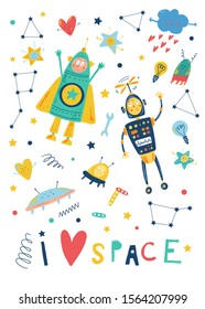 Smiling toy robots fliy in space. Cartoon flat style. Hand drawn vector robot, UFO, stars, tools in white background. Kids children illustration. Retro character for boys. Transformer, android, cyborg
