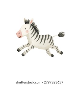 A smiling toy zebra running quickly
