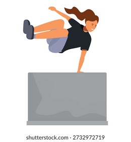 Smiling traceur practicing parkour jumping over a wall