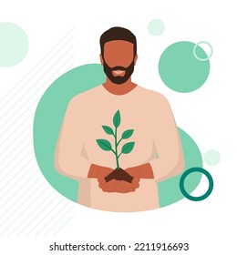 Smiling traditional farmer holding soil and a sprouting plant: sustainable agriculture, organic produce and ecology concept, social media post template